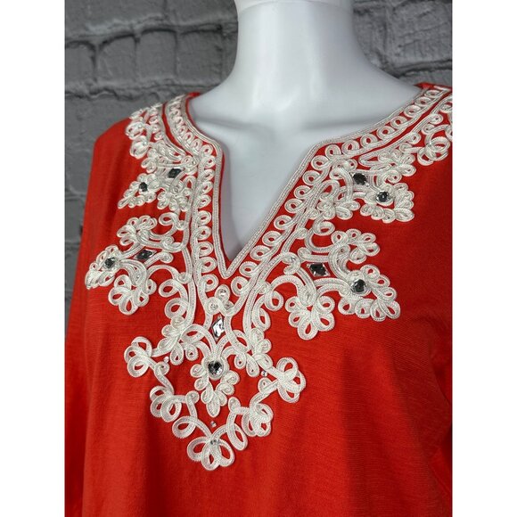 Peter Nygard Womens Small Embroidered Tunic Top Orange V-Neck 3/4 sleeve - Picture 2 of 8
